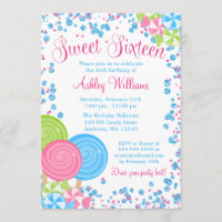 Blue Faux Glitter Candy Theme Sweet 16 Invitation