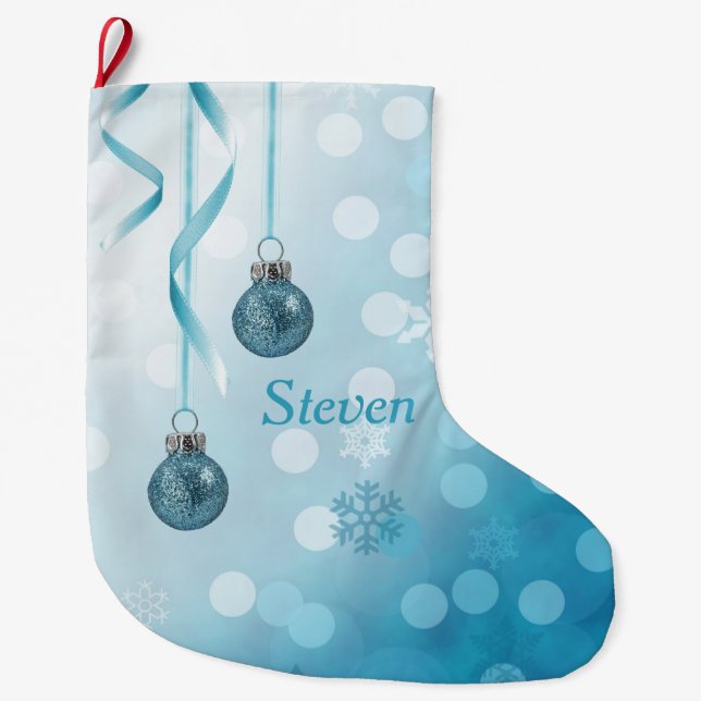 Blue Faux Glitter Christmas Ornaments Large Christmas Stocking (Front)