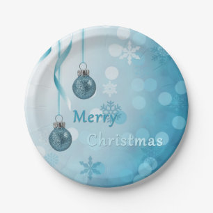 Blue Faux Glitter Christmas Ornaments Paper Plates