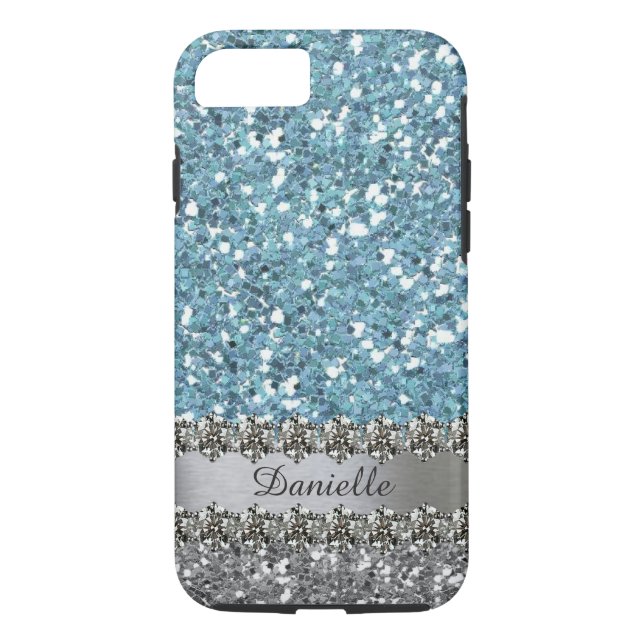 Blue Faux Glitter Diamond Bling Personalized Case-Mate iPhone Case (Back)
