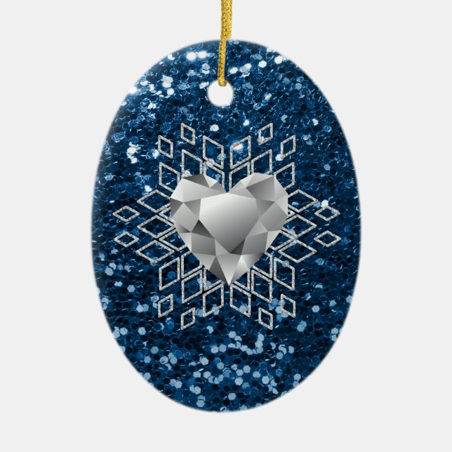 Blue Faux Glitter Diamond Heart Snowflake Ceramic Ornament (Front)