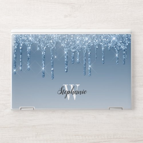 Blue Faux Glitter Drip Sparkle Ombre Monogram HP Laptop Skin