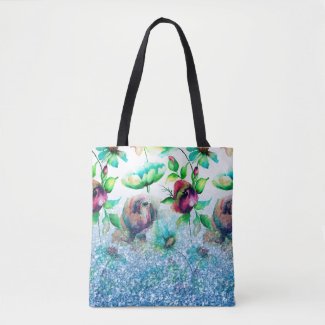 Blue Faux Glitter & Flowers Ombre Tote Bag