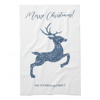 Blue Faux Glitter Look Jumping Deer With Text Kitchen Towel