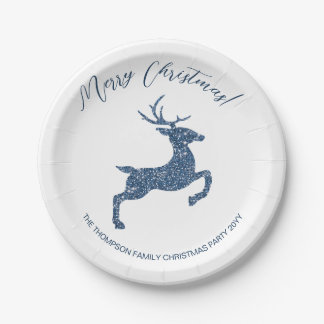 Blue Faux Glitter Look Jumping Deer With Text Paper Plates