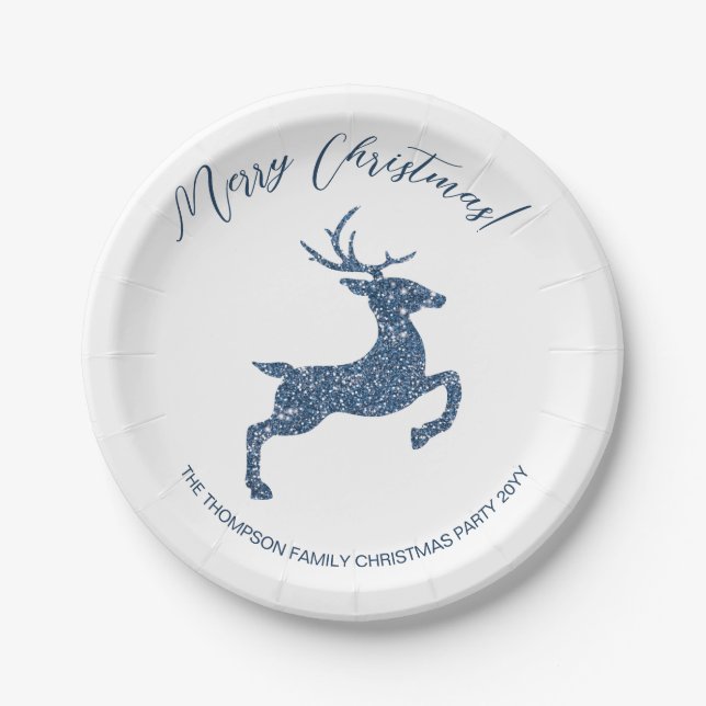 Blue Faux Glitter Look Jumping Deer With Text Paper Plates (Front)