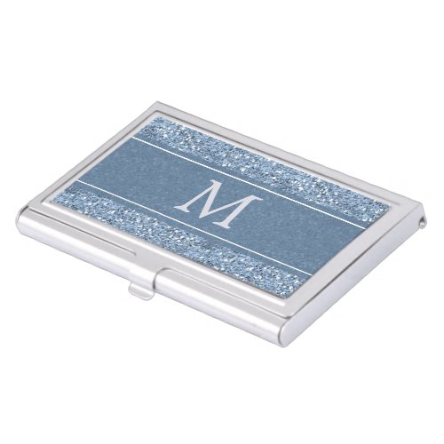 Blue Faux Glitter Monogram Business Card Holder
