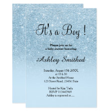 Blue faux glitter pastel ombre boy baby shower invitation