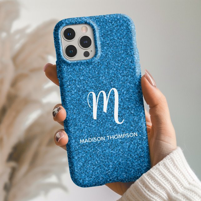Blue Faux Glitter Personalized Monogram Name Case-Mate iPhone Case (Creator Uploaded)