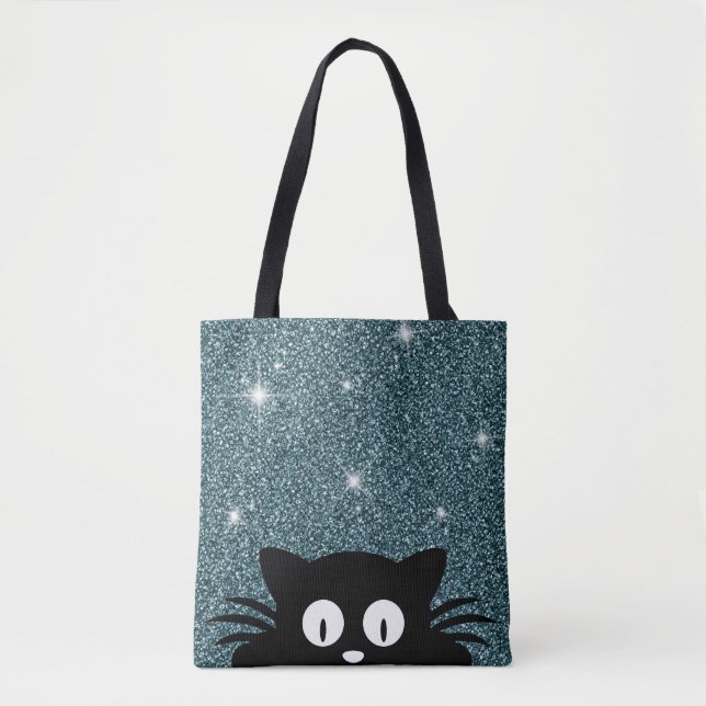 Blue Faux Glitter Shimmer Texture With A cat Tote Bag (Front)