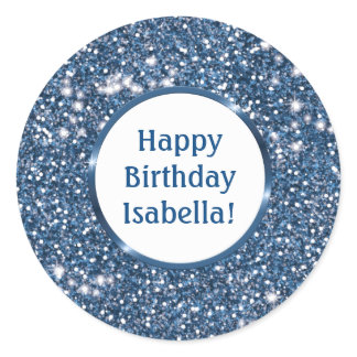 Blue Faux Glitter Texture Custom Happy Birthday Classic Round Sticker