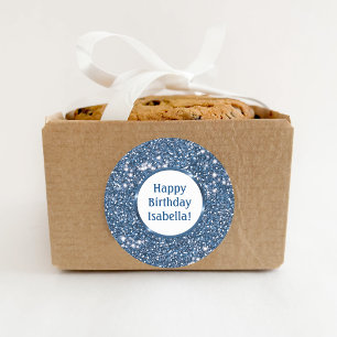 Blue Faux Glitter Texture Custom Happy Birthday Classic Round Sticker