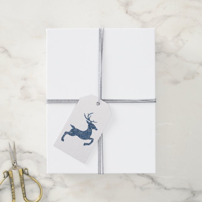 Blue Faux Glitter Texture Look Jumping Deer Gift Tags (With Twine)