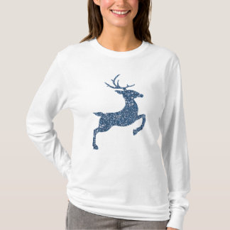 Blue Faux Glitter Texture Look Jumping Deer T-Shirt