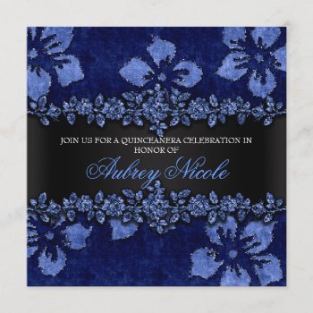 Blue Faux Glitter & Velvet Floral Quinceanera Invitation by InvitationBlvd at Zazzle