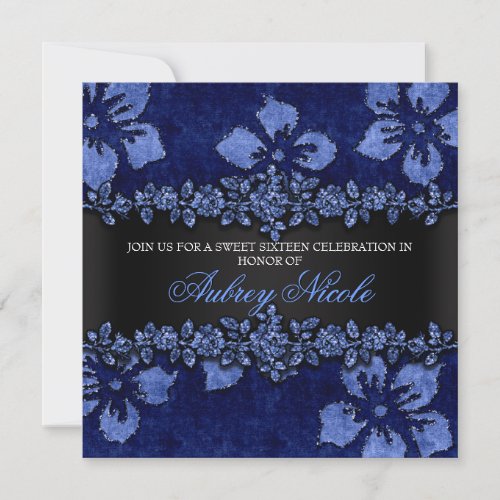 Blue Glitter Velvet Floral Sweet Sixteen Invite