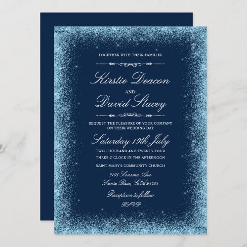 Blue Faux Glitter Wedding Invitation 