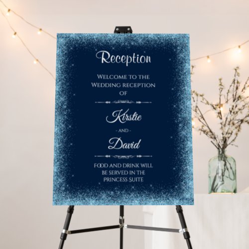 Blue Faux Glitter Wedding Reception Welcome Foam Board