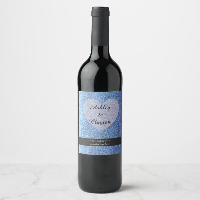 Blue Faux Glitter With Heart Wine Label (Front)