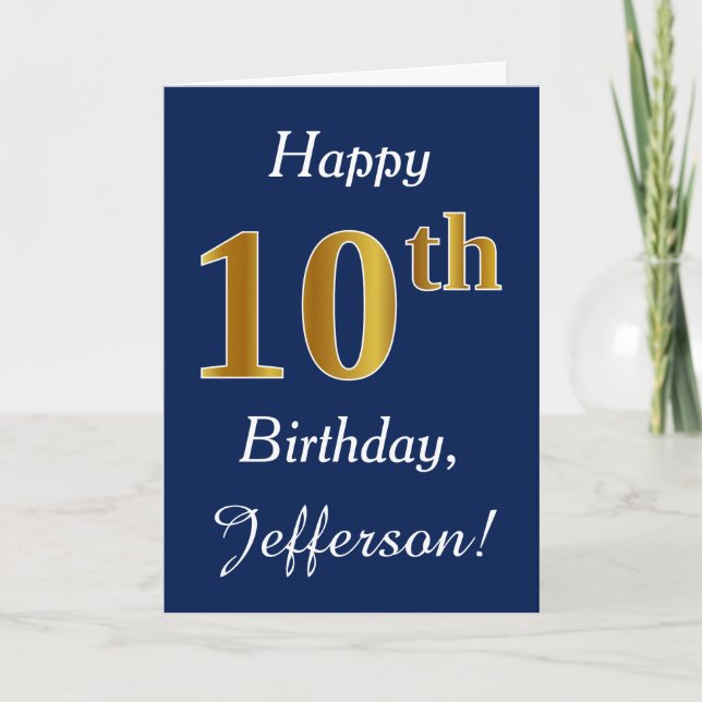Blue, Faux Gold 10th Birthday + Custom Name Card (Front)
