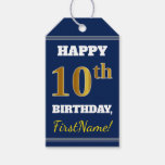 [ Thumbnail: Blue, Faux Gold 10th Birthday + Custom Name Gift Tags ]