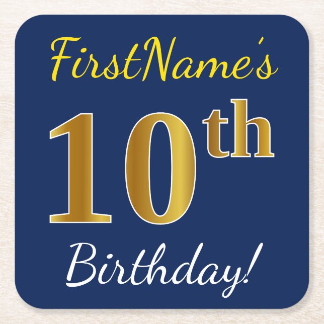 Blue, Faux Gold 10th Birthday + Custom Name Square Paper Coaster (Front)