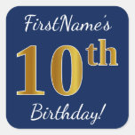 [ Thumbnail: Blue, Faux Gold 10th Birthday + Custom Name Sticker ]
