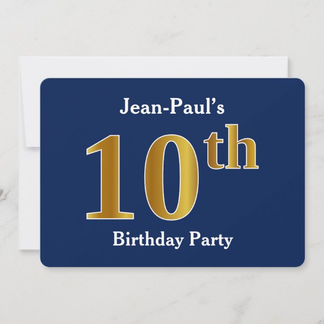 Blue, Faux Gold 10th Birthday Party + Custom Name Invitation (Front)