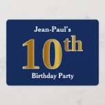 [ Thumbnail: Blue, Faux Gold 10th Birthday Party + Custom Name Invitation ]