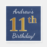[ Thumbnail: Blue, Faux Gold 11th Birthday + Custom Name Paper Napkin ]