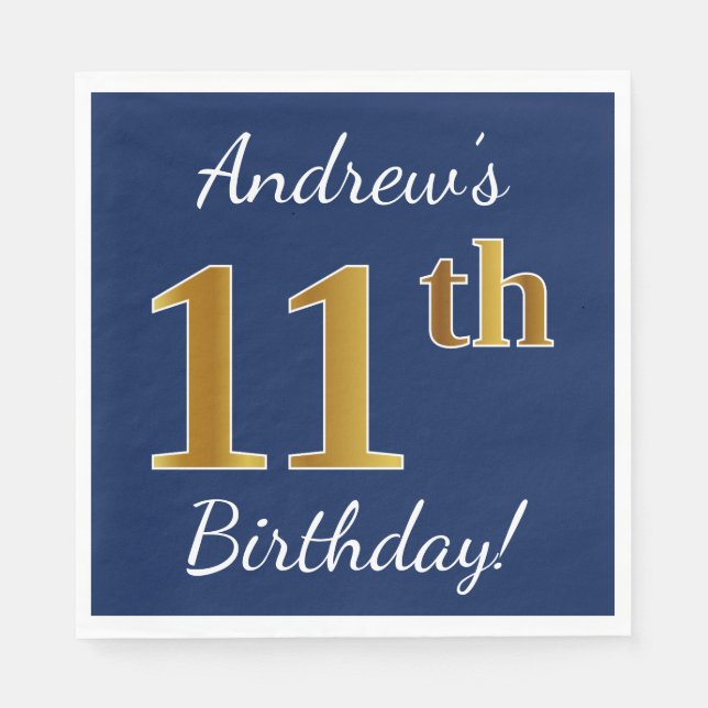 Blue, Faux Gold 11th Birthday + Custom Name Paper Napkins (Front)