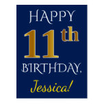 [ Thumbnail: Blue, Faux Gold 11th Birthday + Custom Name Postcard ]