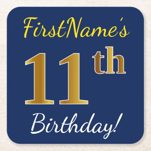 Blue Faux Gold 11th Birthday  Custom Name Square Paper Coaster