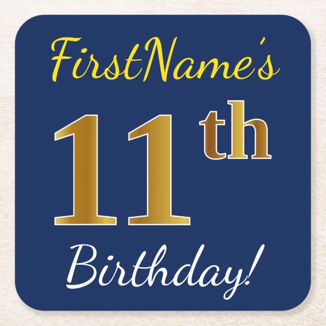 Blue, Faux Gold 11th Birthday + Custom Name Square Paper Coaster (Front)
