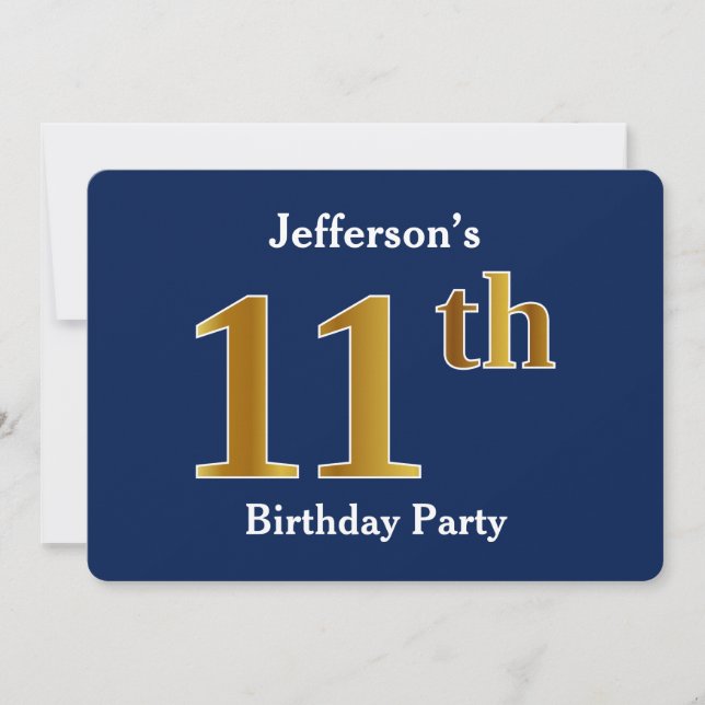 Blue, Faux Gold 11th Birthday Party + Custom Name Invitation (Front)