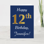 [ Thumbnail: Blue, Faux Gold 12th Birthday + Custom Name Card ]