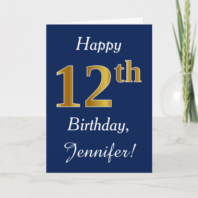 Blue, Faux Gold 12th Birthday + Custom Name Card (Front)