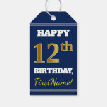 [ Thumbnail: Blue, Faux Gold 12th Birthday + Custom Name Gift Tags ]