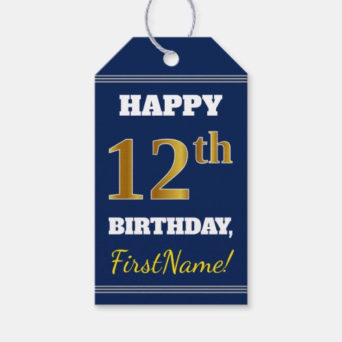 Blue Faux Gold 12th Birthday  Custom Name Gift Tags