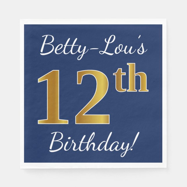 Blue, Faux Gold 12th Birthday + Custom Name Paper Napkins (Front)