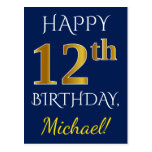 [ Thumbnail: Blue, Faux Gold 12th Birthday + Custom Name Postcard ]