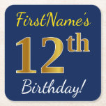 [ Thumbnail: Blue, Faux Gold 12th Birthday + Custom Name Paper Coaster ]