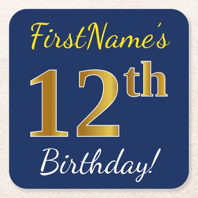 Blue, Faux Gold 12th Birthday + Custom Name Square Paper Coaster (Front)