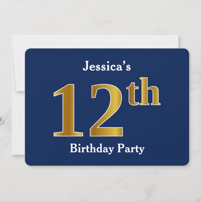 Blue, Faux Gold 12th Birthday Party + Custom Name Invitation (Front)