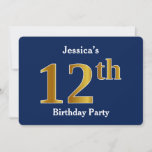 [ Thumbnail: Blue, Faux Gold 12th Birthday Party + Custom Name Invitation ]