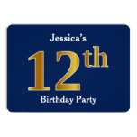 [ Thumbnail: Blue, Faux Gold 12th Birthday Party + Custom Name Invitation ]
