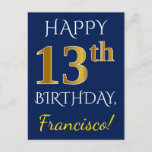 [ Thumbnail: Blue, Faux Gold 13th Birthday + Custom Name Postcard ]