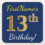 [ Thumbnail: Blue, Faux Gold 13th Birthday + Custom Name Paper Coaster ]