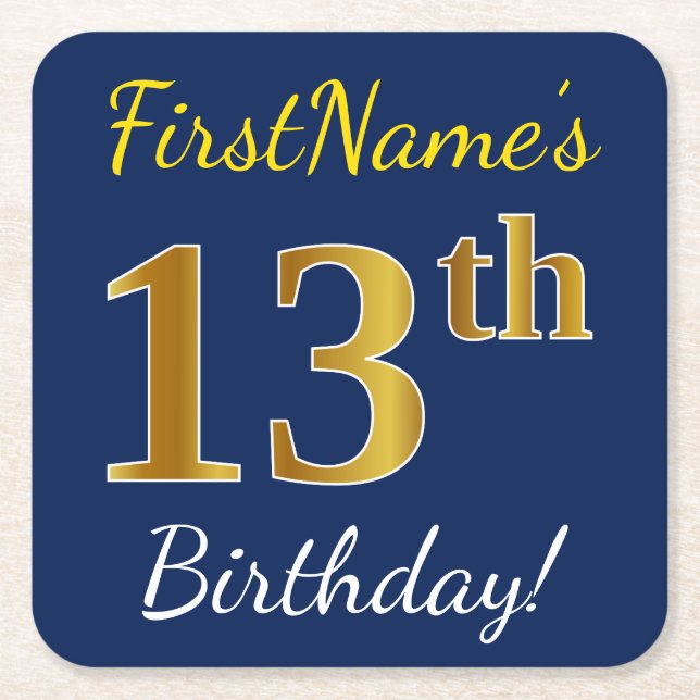 Blue, Faux Gold 13th Birthday + Custom Name Square Paper Coaster (Front)