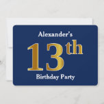 [ Thumbnail: Blue, Faux Gold 13th Birthday Party + Custom Name Invitation ]